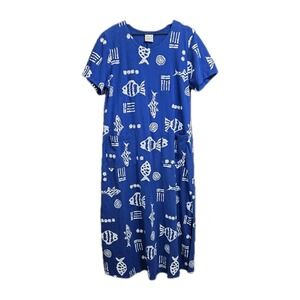 Vtg Donna Cotton Fish Print Maxi Dress Blue Resortwear Beach Tropical Jersey USA
